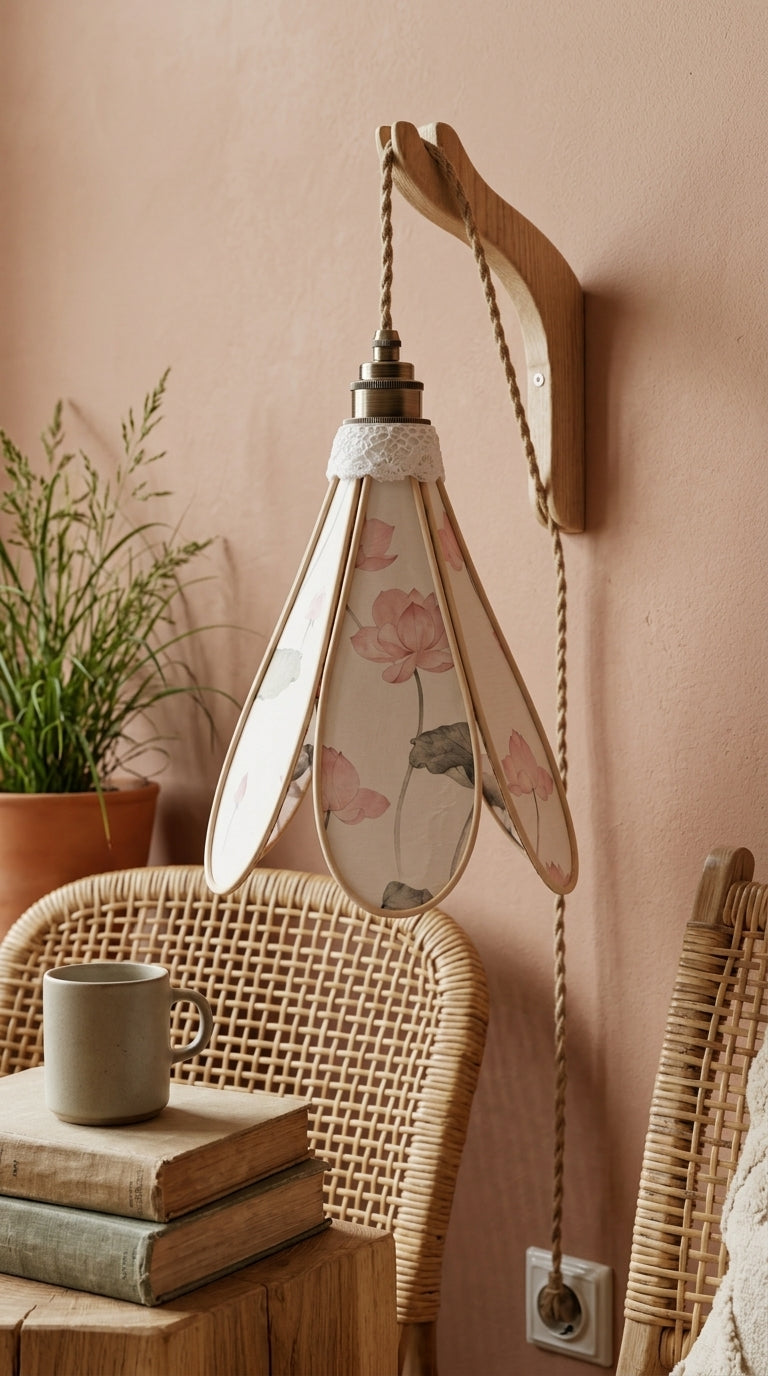 Suspension tulipe Songe de Lotus, vue en angle avec armature rotin