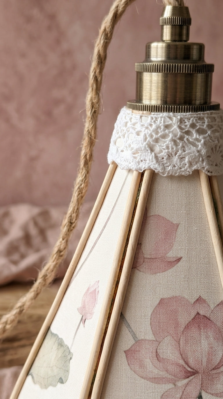 Gros plan sur le motif lotus aquarelle de la suspension tulipe