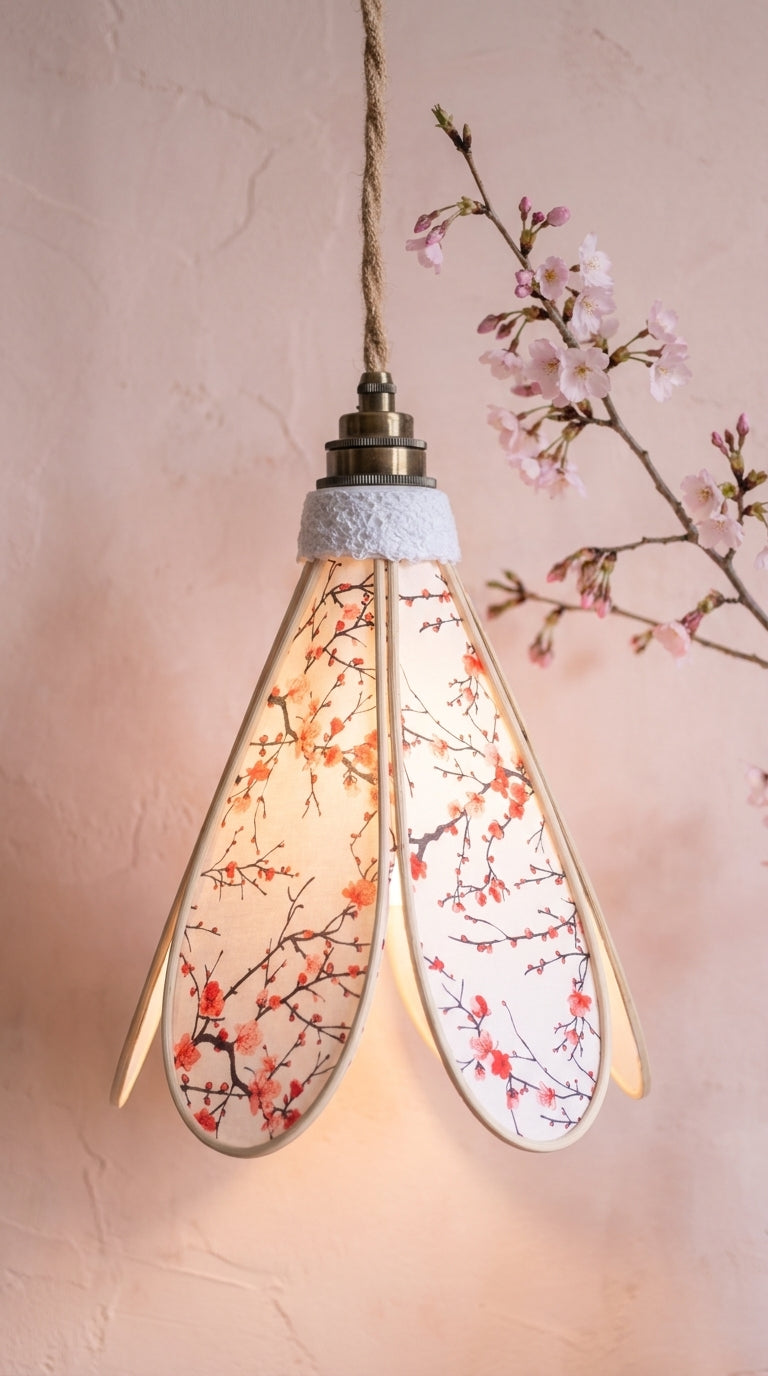 Lampe Tulipe Éclat du Japon – Abat-jour Motif Cerisiers Rouges Fait Main