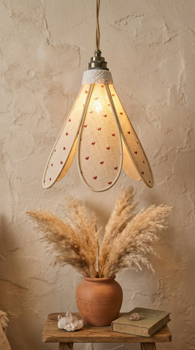 Lampe Tulipe Cœur de Lin – Abat-jour Motif Cœurs Bordeaux Fait Main