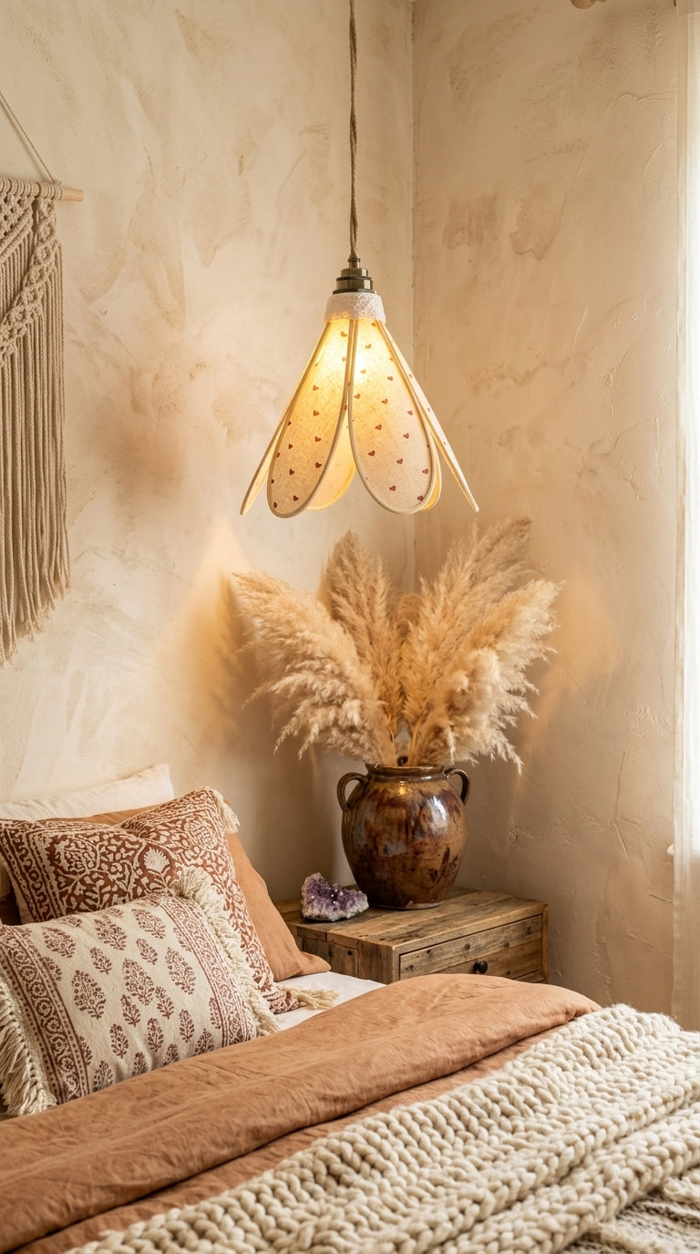 Lampe Tulipe Cœur de Lin – Abat-jour Motif Cœurs Bordeaux Fait Main