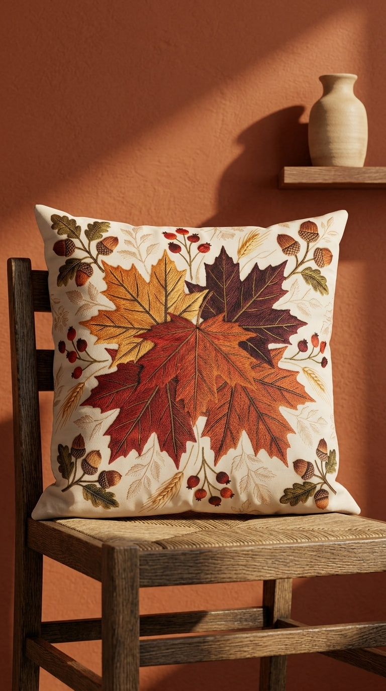 Gros plan sur le motif feuilles d'érable de la housse de coussin