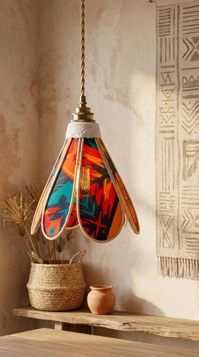 Lampe Tulipe Soleil de Brousse – Abat-jour Motif Tribal Fait Main