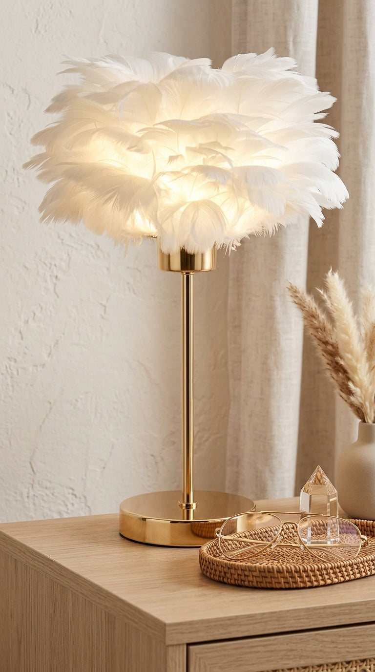 Lampe de Chevet à Plumes – Luminaire Élégant Doré