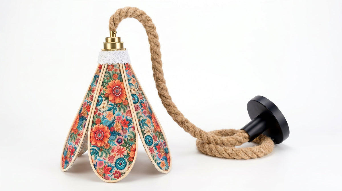 Suspension tulipe Douceur Fleurie avec câble en toile de jute