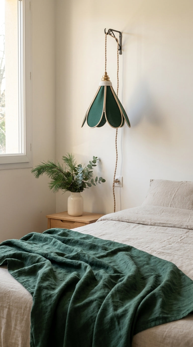 Lampe Tulipe Sous les Sapins – Abat-jour Lin et Coton Vert Sapin Fait Main