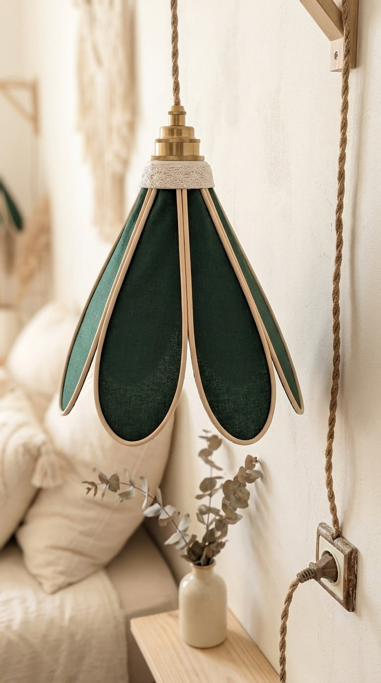 Lampe Tulipe Sous les Sapins – Abat-jour Lin et Coton Vert Sapin Fait Main