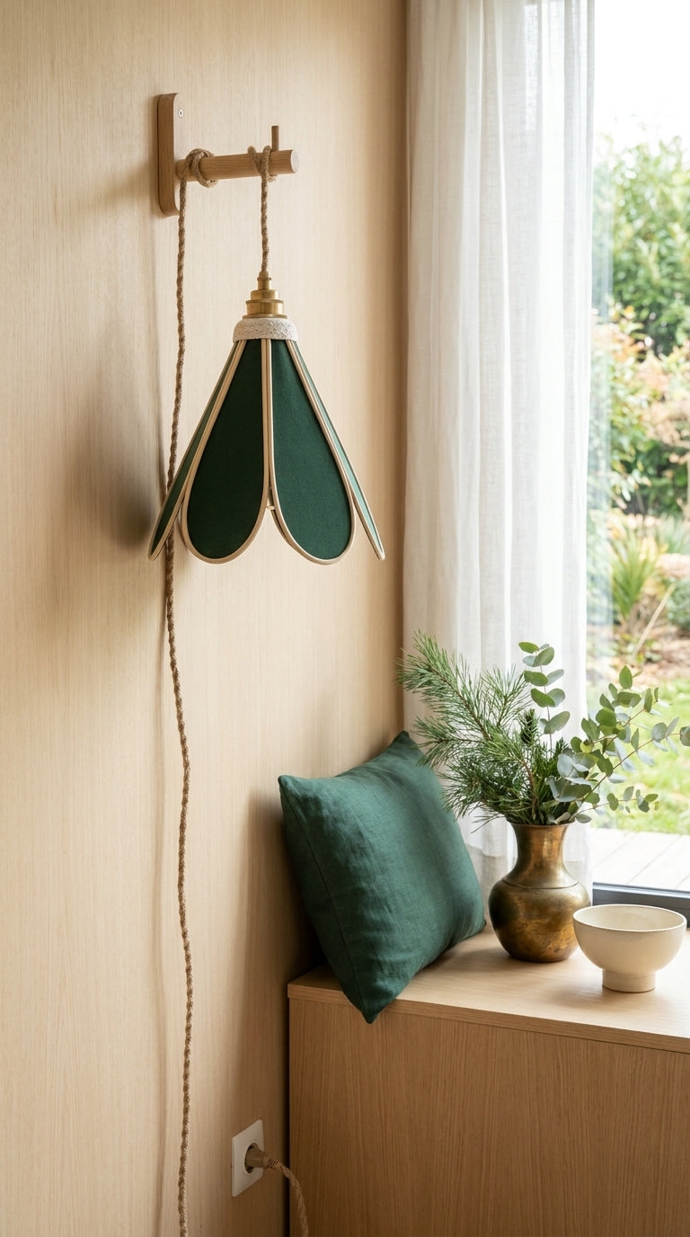 Lampe Tulipe Sous les Sapins – Abat-jour Lin et Coton Vert Sapin Fait Main