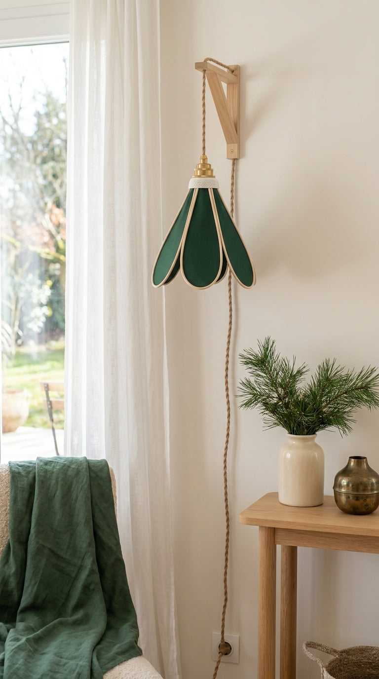 Lampe Tulipe Sous les Sapins – Abat-jour Lin et Coton Vert Sapin Fait Main