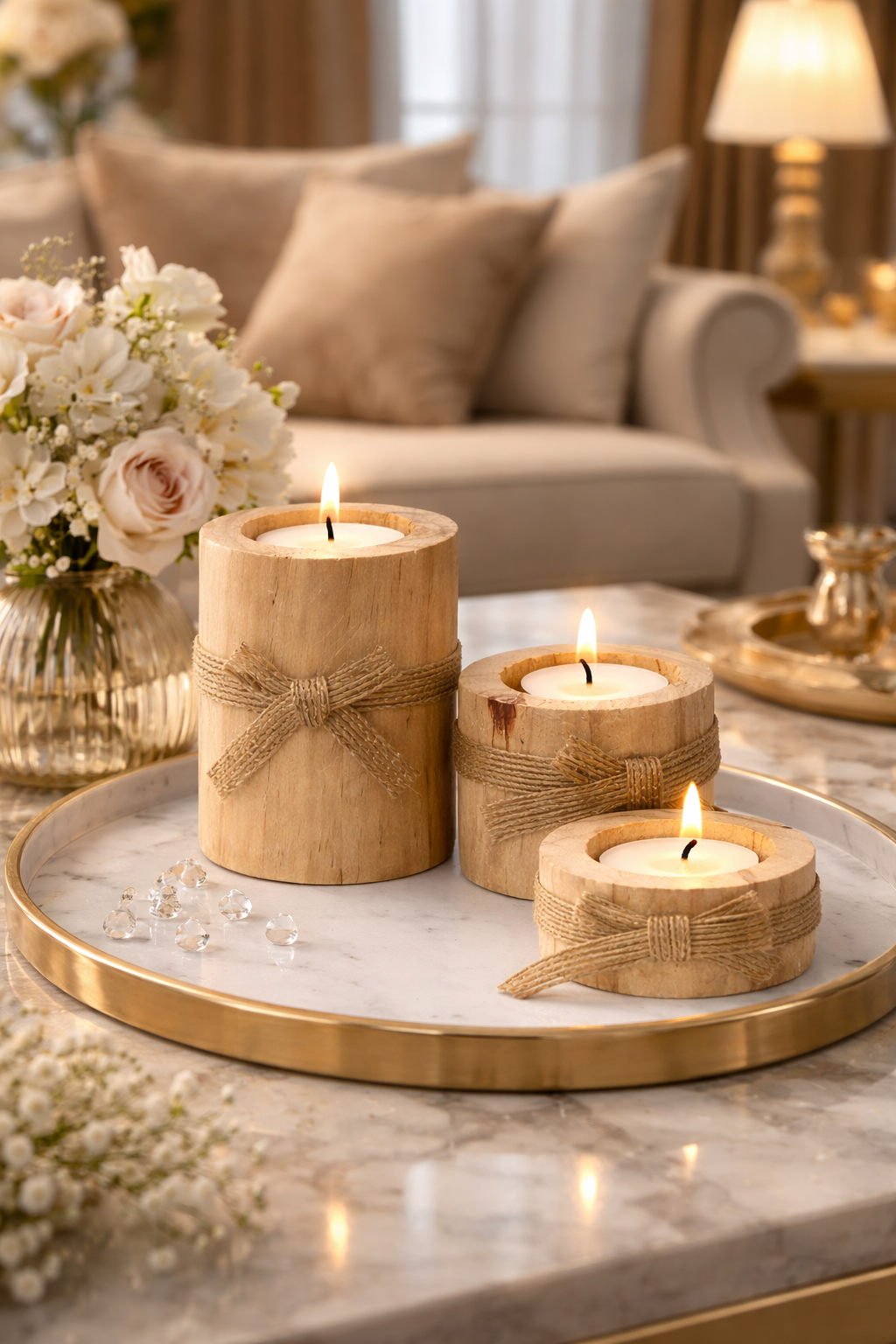 Bougeoir Décoratif en Bois Naturel – Lot de 3 Bougeoirs