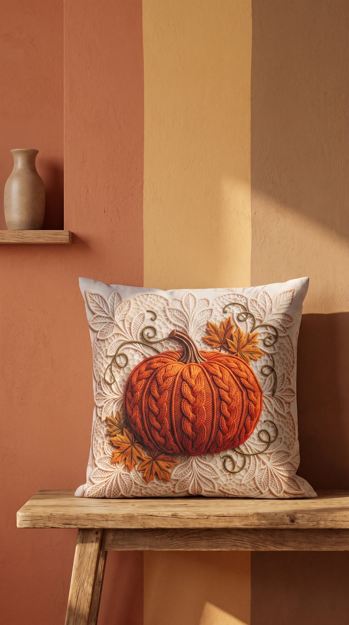 Gros plan sur le motif citrouille effet tricot de la housse de coussin