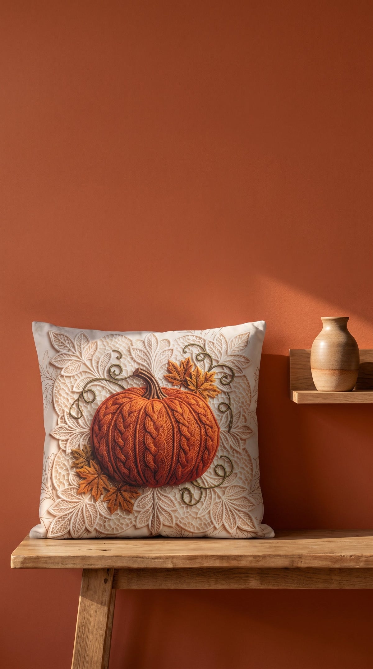 Housse de coussin Citrouille d'Automne, vue de face avec motif dentelle de feuilles