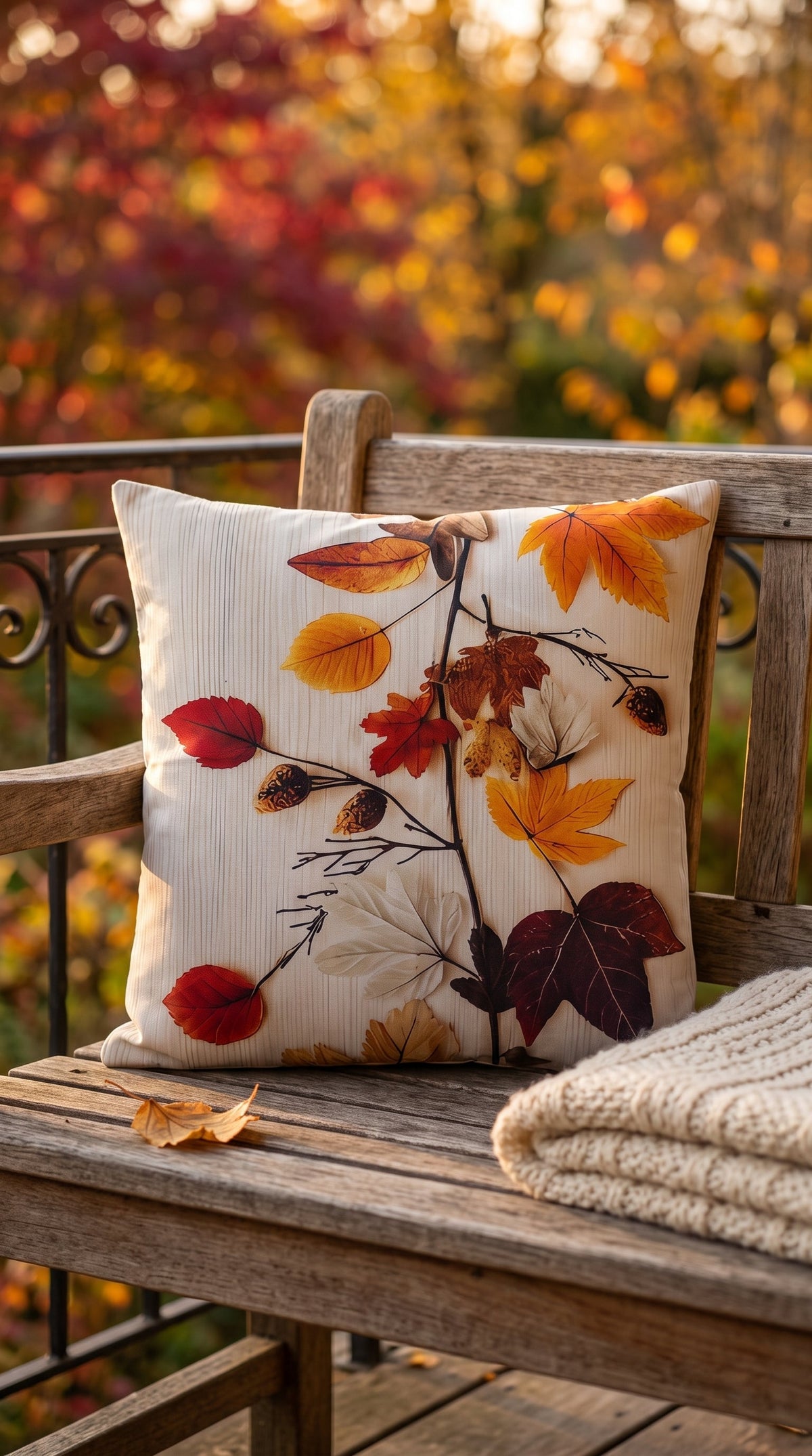 Gros plan sur le motif feuillage de la housse de coussin