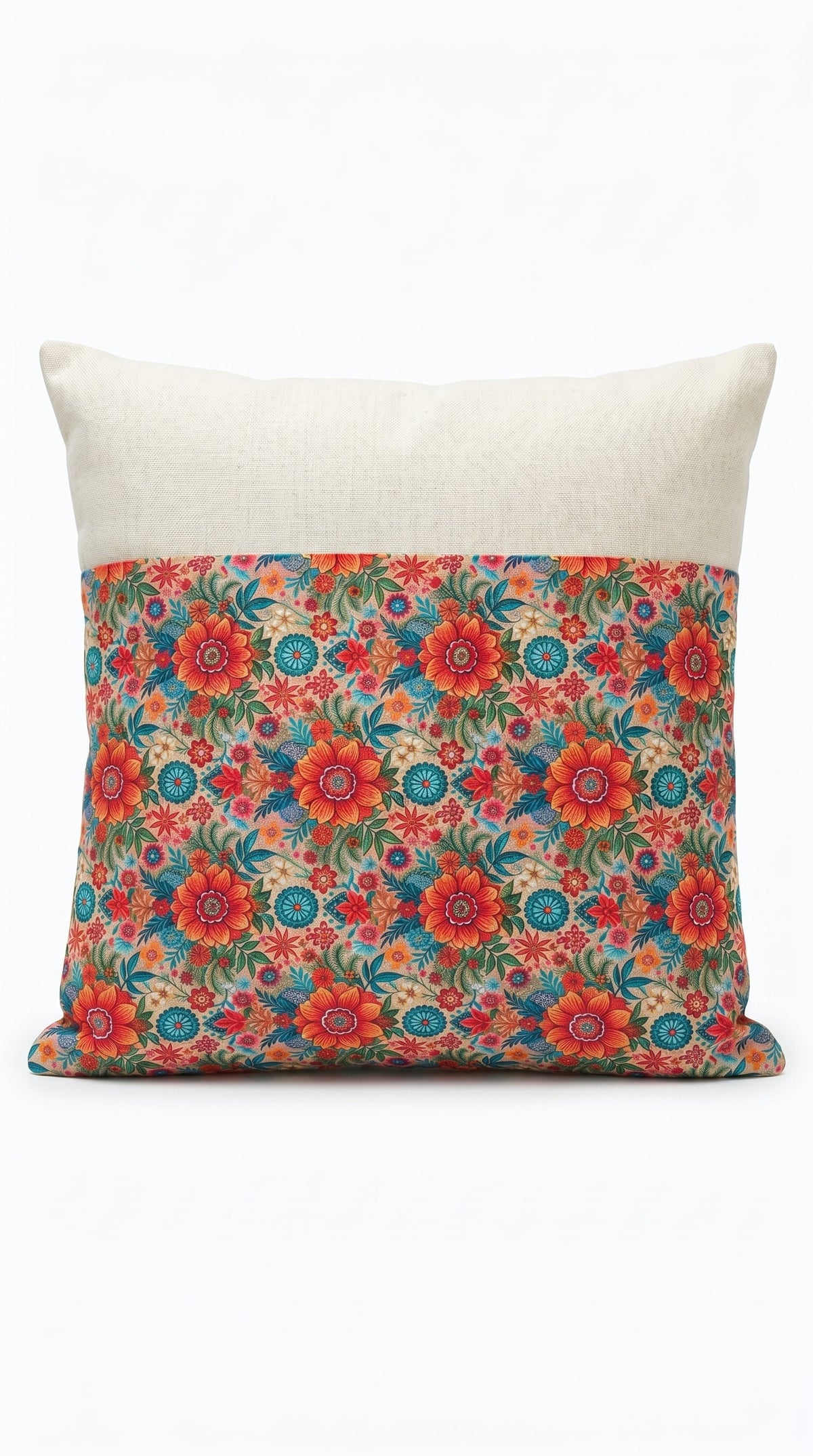 Housse de coussin Alliance Fleurie, lin écru et motif floral, vue de face