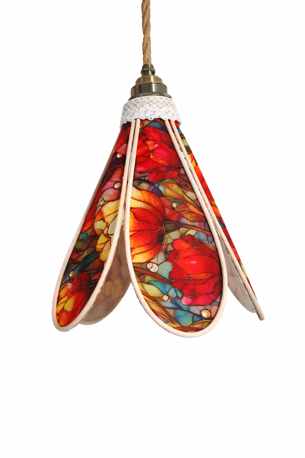 Lampe Tulipe Printemps Vitrail Bleue ou rouge- Lampe Artisanale Bohème Florale