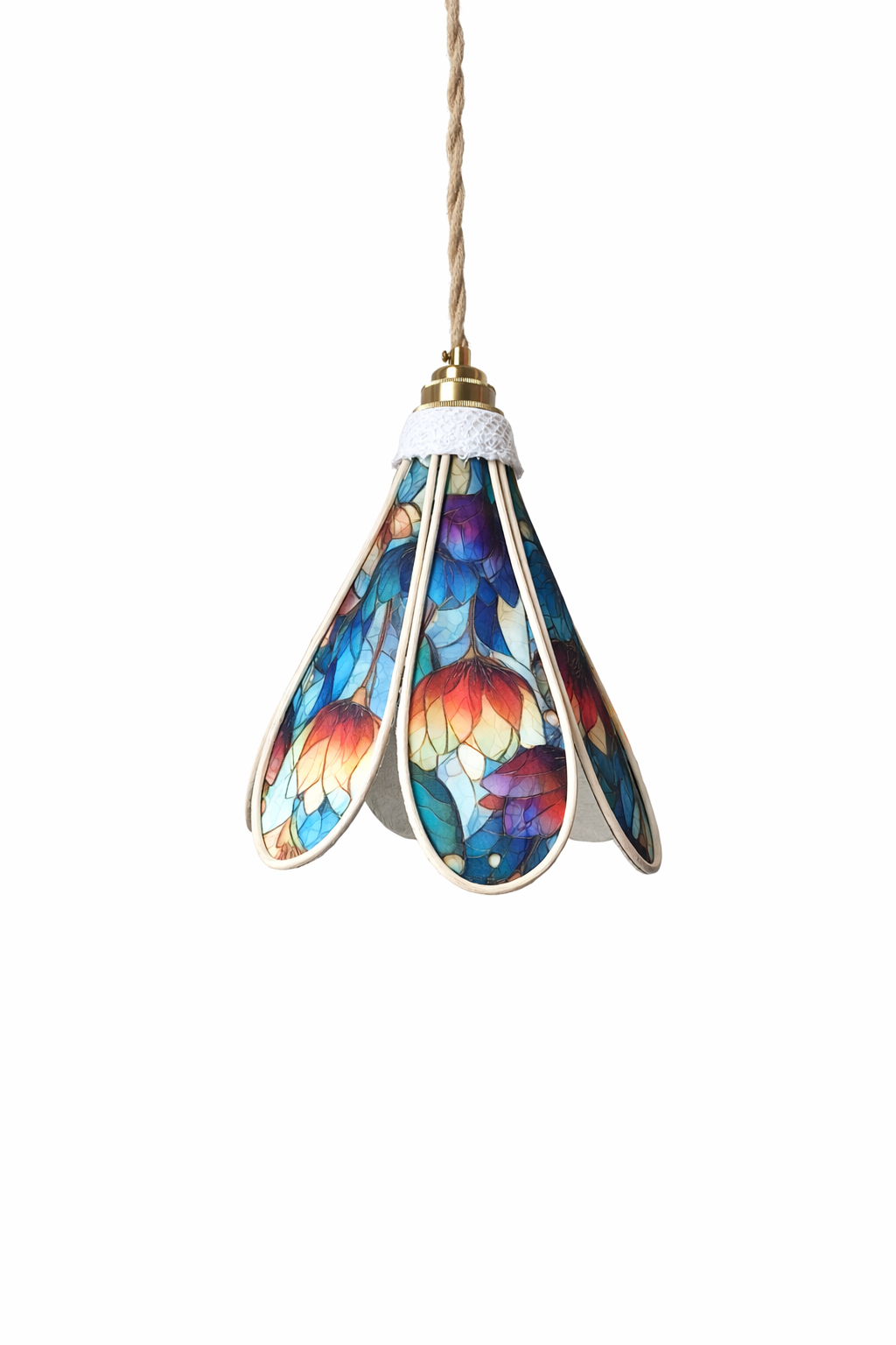 Lampe Tulipe Printemps Vitrail Bleue ou rouge- Lampe Artisanale Bohème Florale