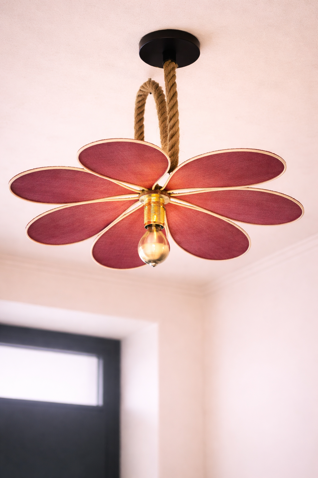 Suspension Pâquerette Toile de Jute Rouge – Lampe Artisanale Bohème Naturelle