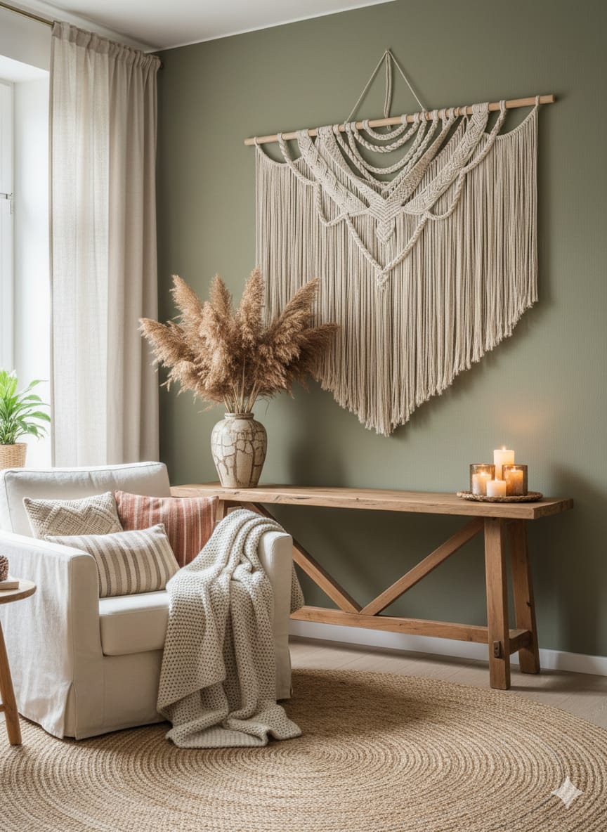 Macramé Mural Aérien Bohème - salon mur vert