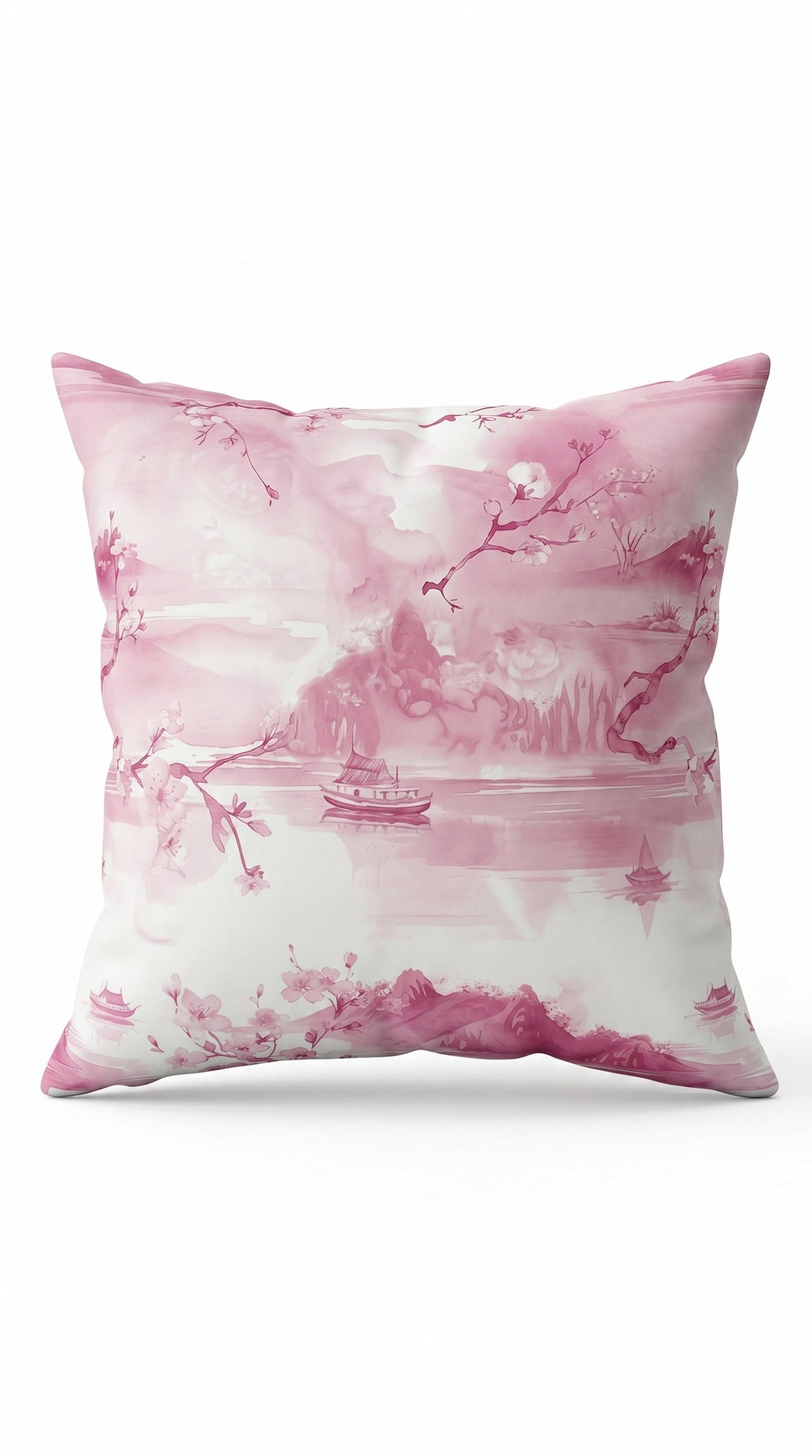Housse de coussin Rivière des Songes, paysage asiatique aquarelle rose, vue de face