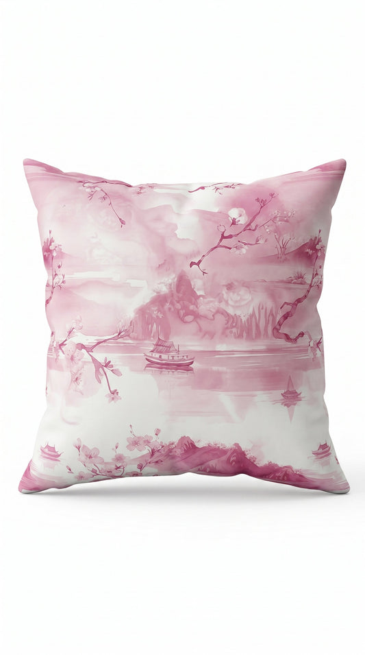 Housse de coussin Rivière des Songes, paysage asiatique aquarelle rose, vue de face
