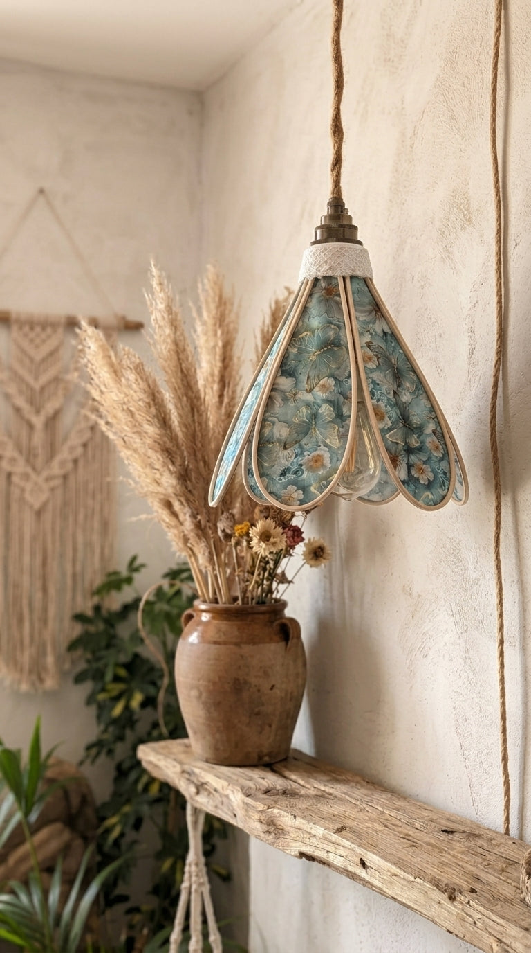 Lampe Tulipe Papillons Bleus- Lampe Artisanale Bohème Florale