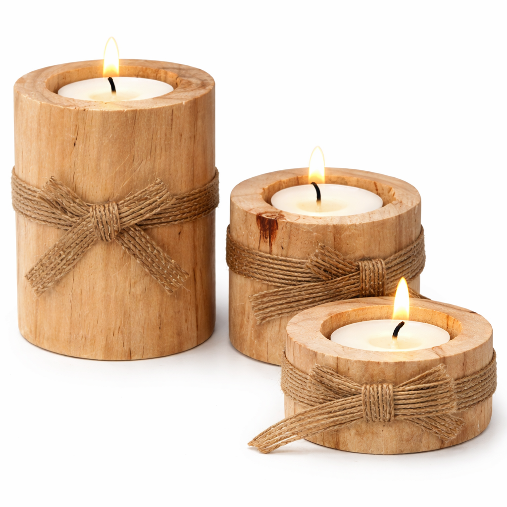 Bougeoir Décoratif en Bois Naturel – Lot de 3 Bougeoirs