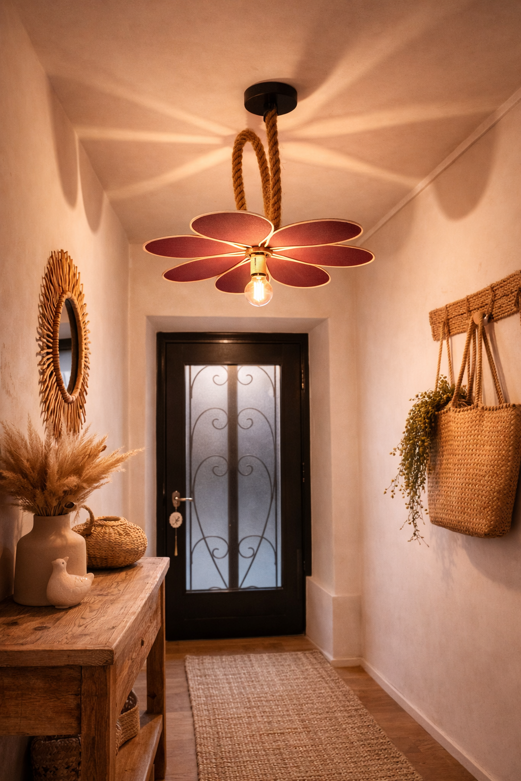 Suspension Pâquerette Toile de Jute Rouge – Lampe Artisanale Bohème Naturelle