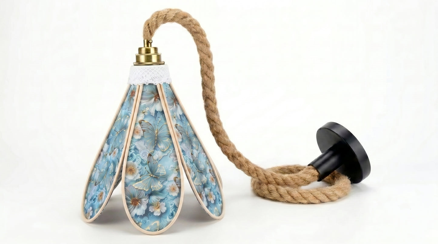Lampe Tulipe Papillons Bleus- Lampe Artisanale Bohème Florale