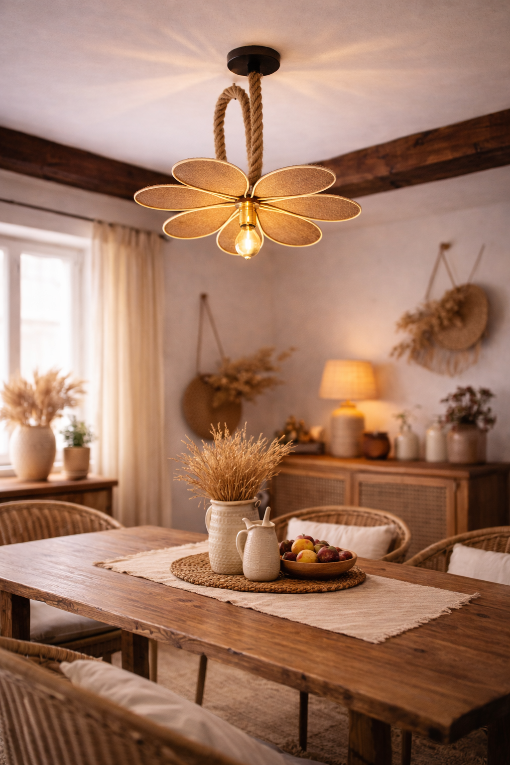 Suspension Pâquerette en Toile de Jute – Lampe Artisanale Bohème Naturelle
