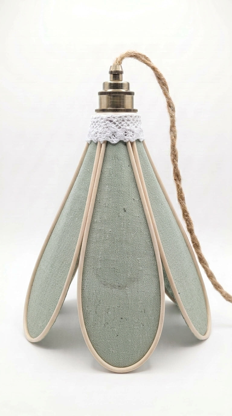 Suspension Tulipe Brin de Sauge, abat-jour lin et coton vert pâle fait main