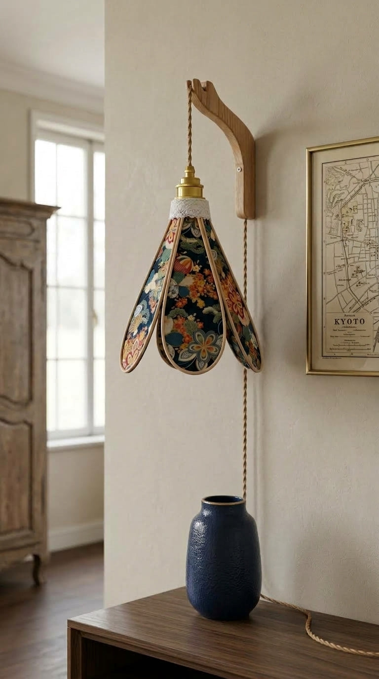 Suspension Tulipe Nuit de Kyoto au-dessus d'une console avec vase, prise cachée