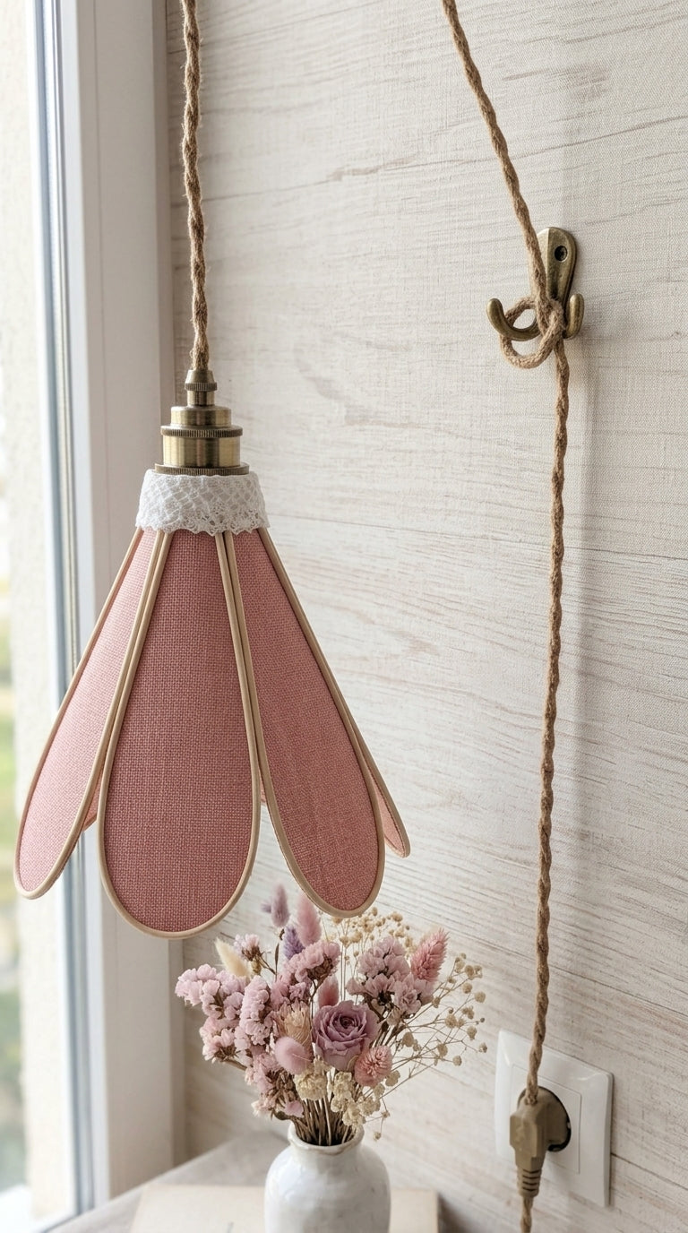 Suspension Tulipe Pétale Poudré fixée au mur, câble jute tressé