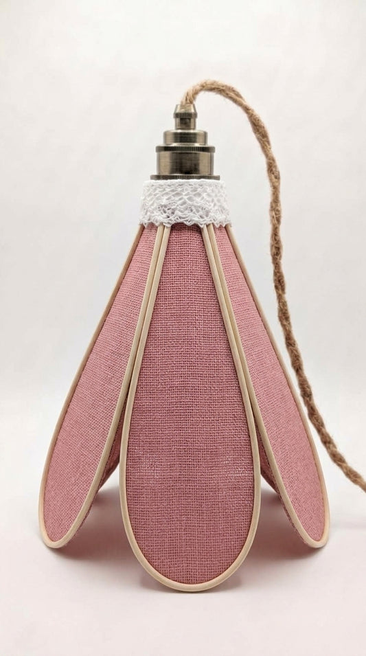 Suspension Tulipe Pétale Poudré, abat-jour lin et coton rose pâle fait main