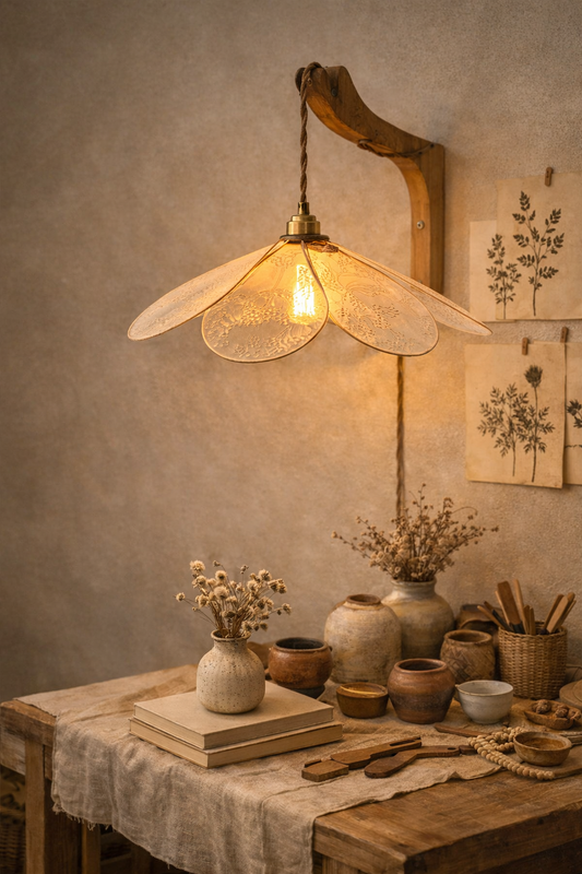 Lampe Magnolia Pissenlits en voilage – lampe artisanale en toile texturée & câble en jute