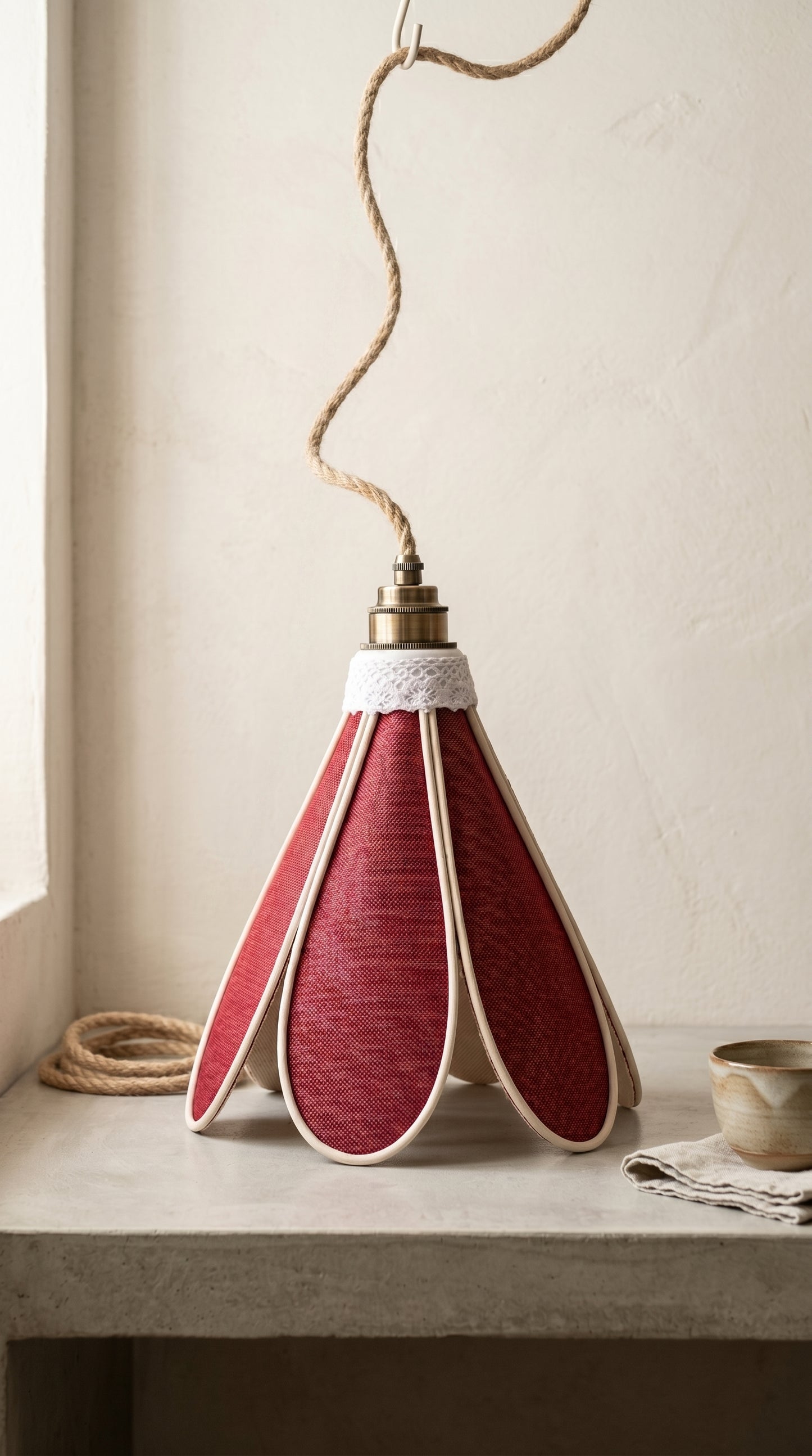 Lampe Tulipe Toile de Jute Rouge – Lampe Artisanale Bohème Naturelle