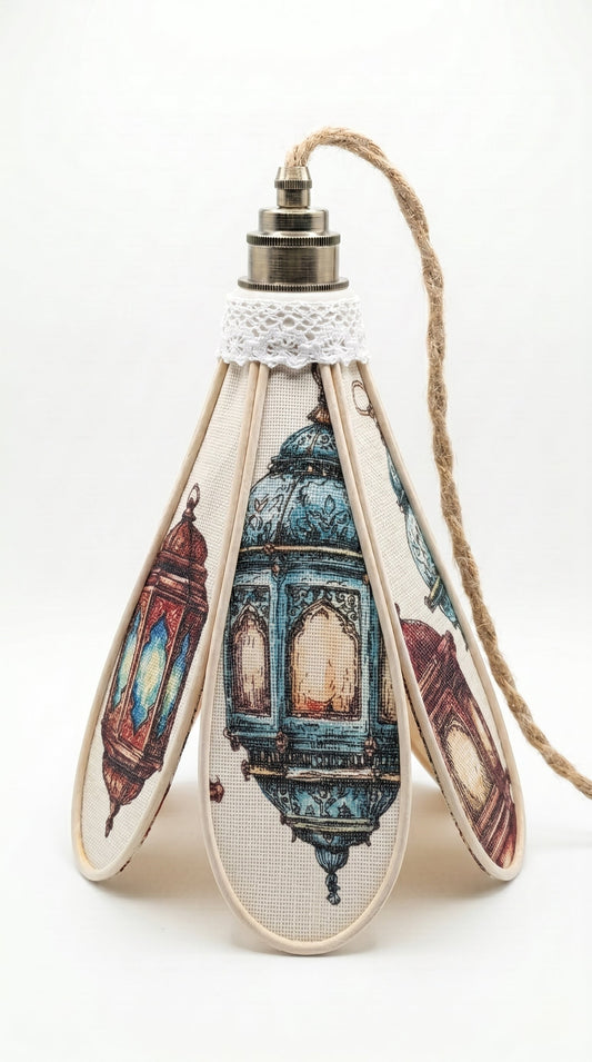 Suspension tulipe Narimen, motif lanternes bleu turquoise et doré, vue de face