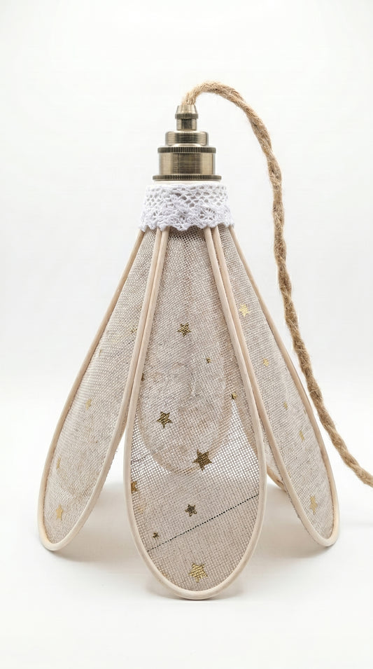 Lampe Tulipe Toile de Jute Etoilée- Lampe Artisanale Bohème Naturelle