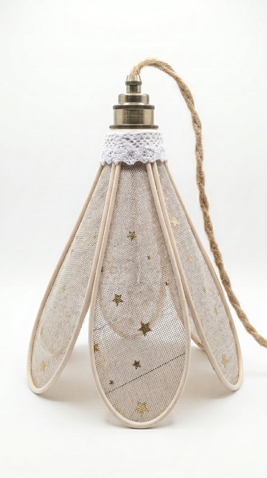 Suspension tulipe Nuit Étoilée en toile de jute avec étoiles dorées, vue de face