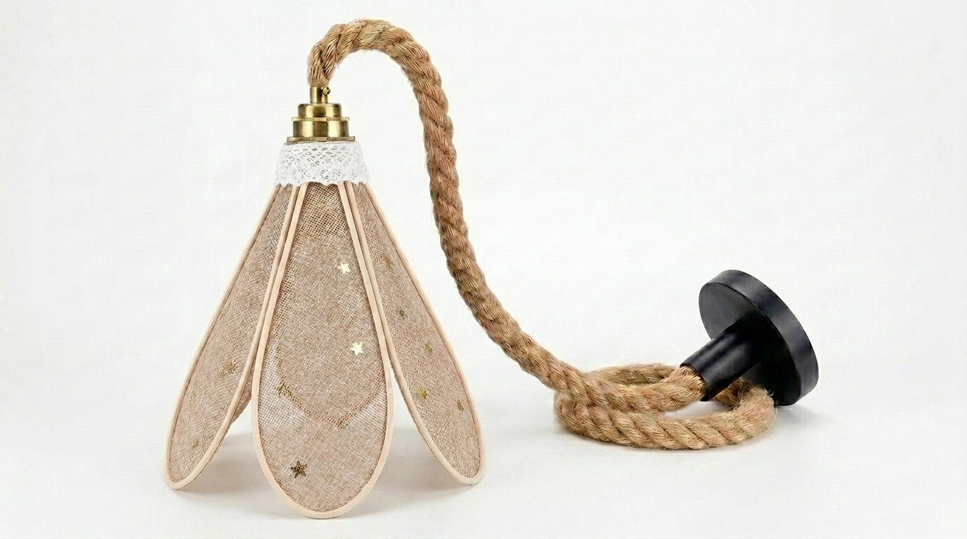 Lampe Tulipe Toile de Jute Etoilée- Lampe Artisanale Bohème Naturelle