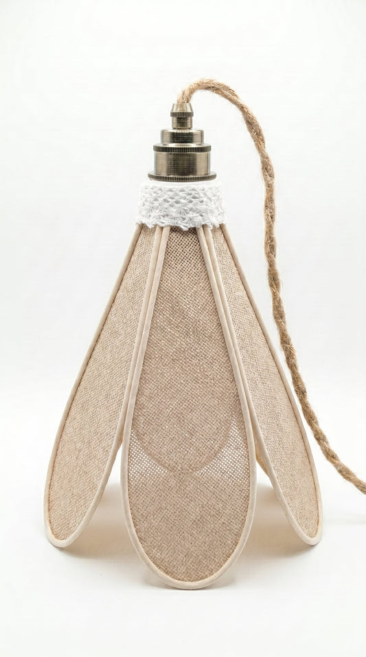 Suspension tulipe Âme Brute en toile de jute naturel, vue de face