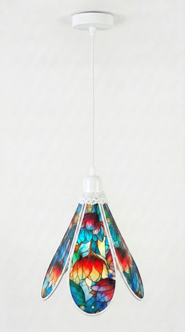 Lampe Tulipe Printemps Vitrail Bleue ou rouge- Lampe Artisanale Bohème Florale