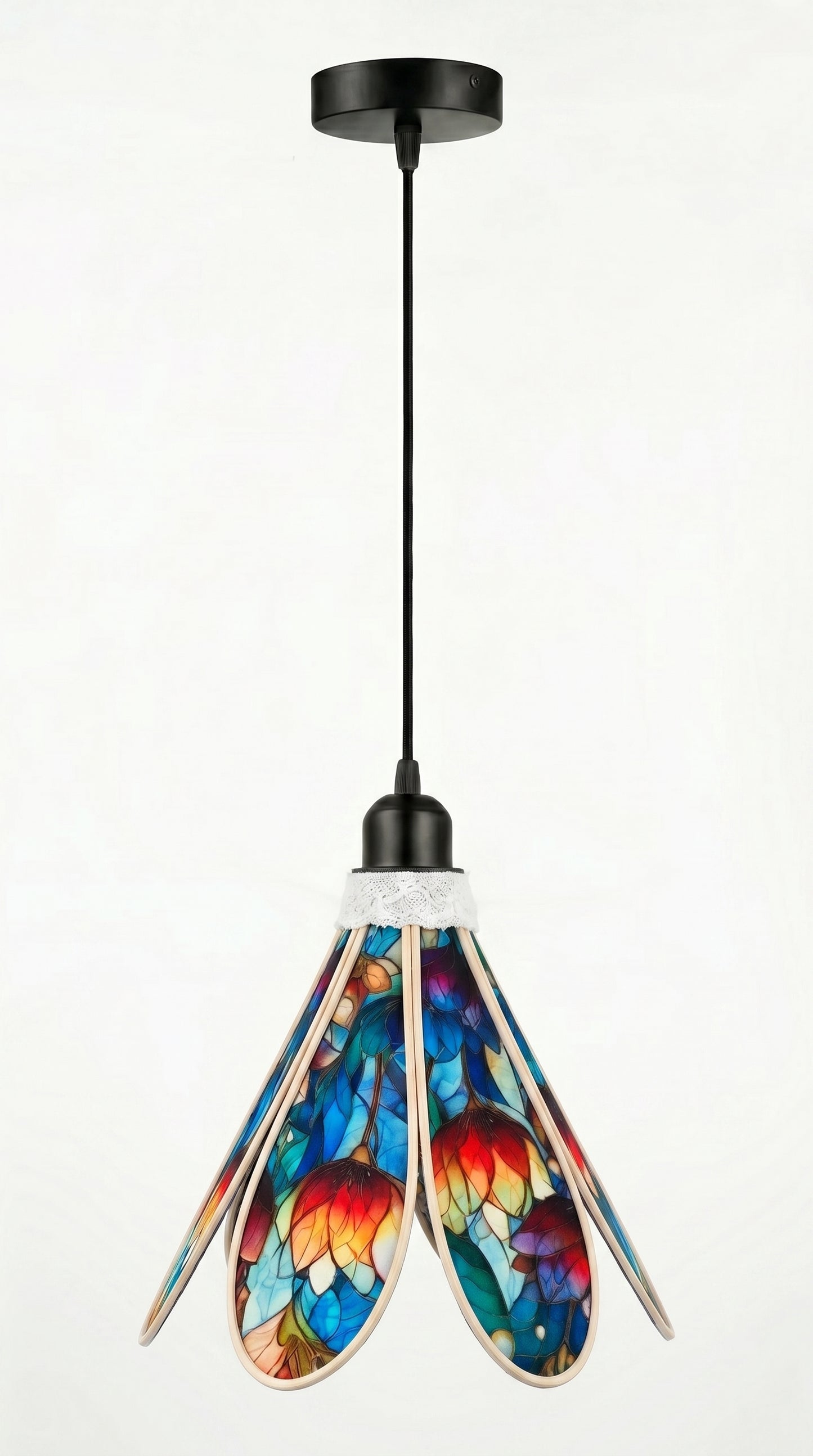 Lampe Tulipe Printemps Vitrail Bleue ou rouge- Lampe Artisanale Bohème Florale