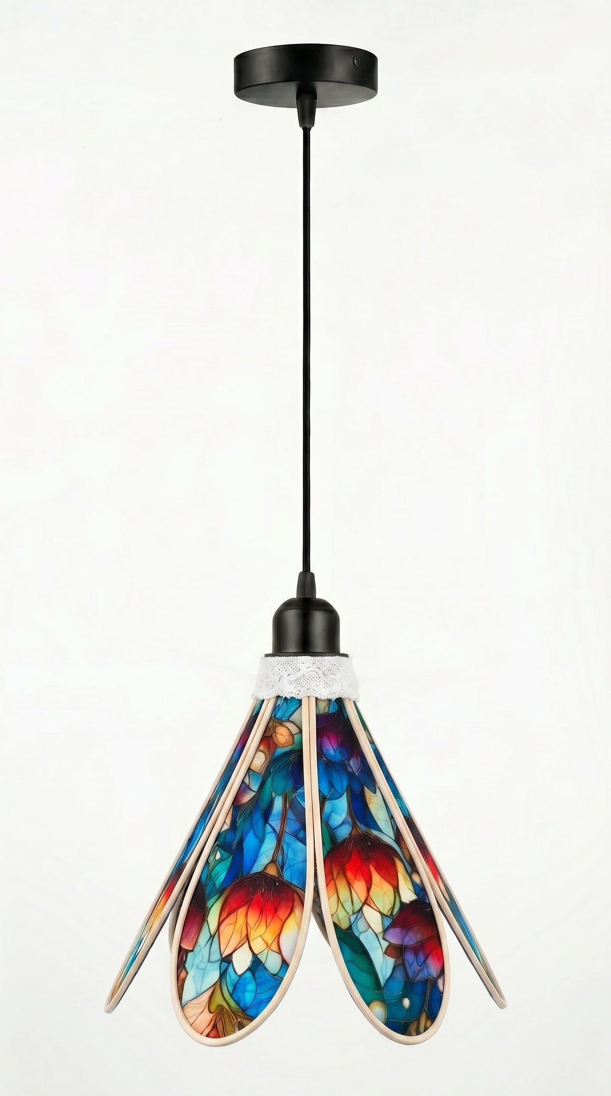 Suspension tulipe Éclat de Vitrail bleu avec câble plafond noir