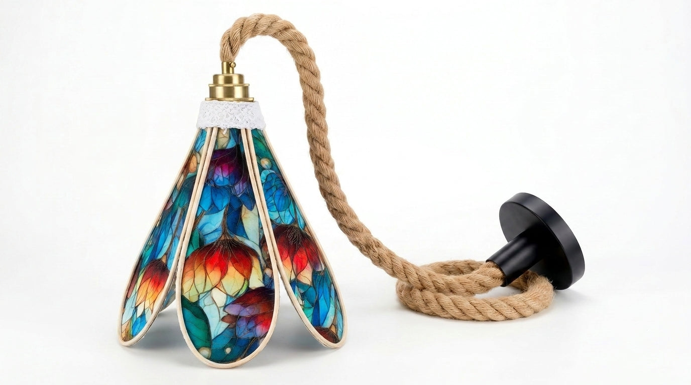 Lampe Tulipe Printemps Vitrail Bleue ou rouge- Lampe Artisanale Bohème Florale