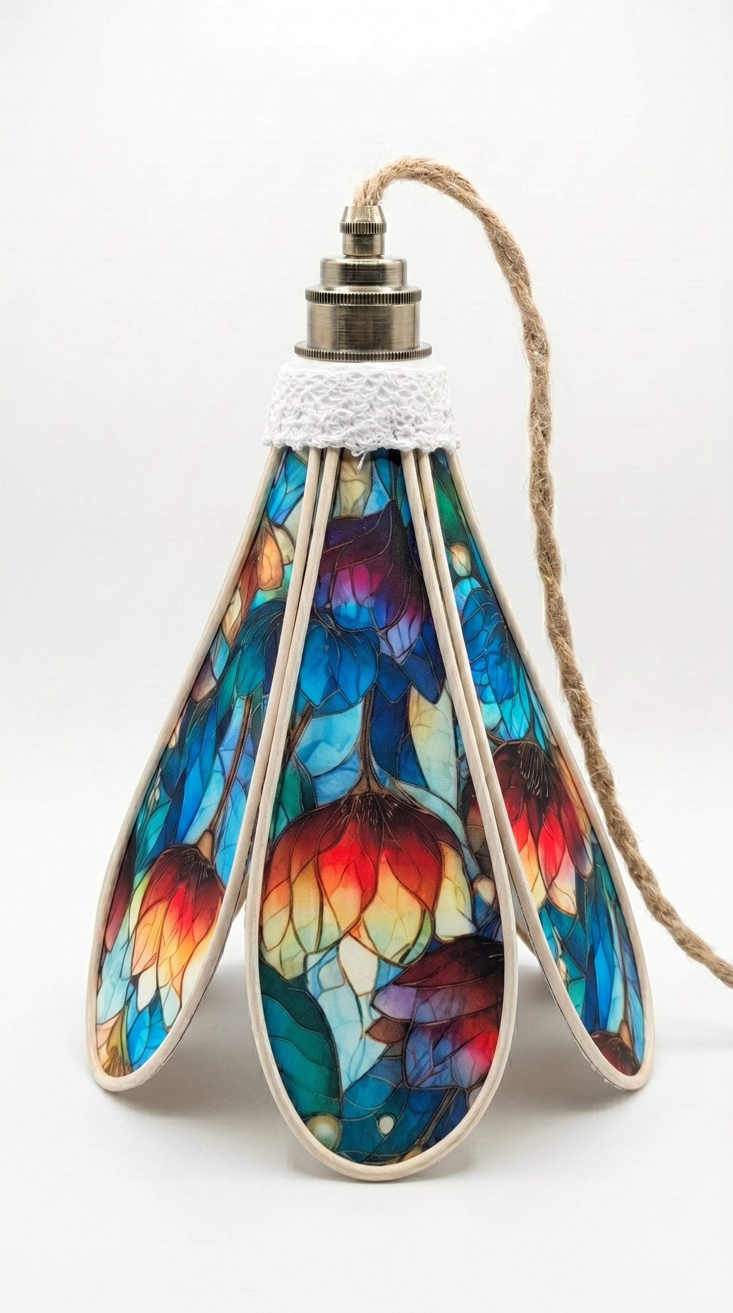 Lampe Tulipe Printemps Vitrail Bleue ou rouge- Lampe Artisanale Bohème Florale