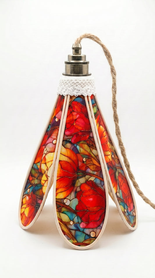 Lampe Tulipe Printemps Vitrail Bleue ou rouge- Lampe Artisanale Bohème Florale