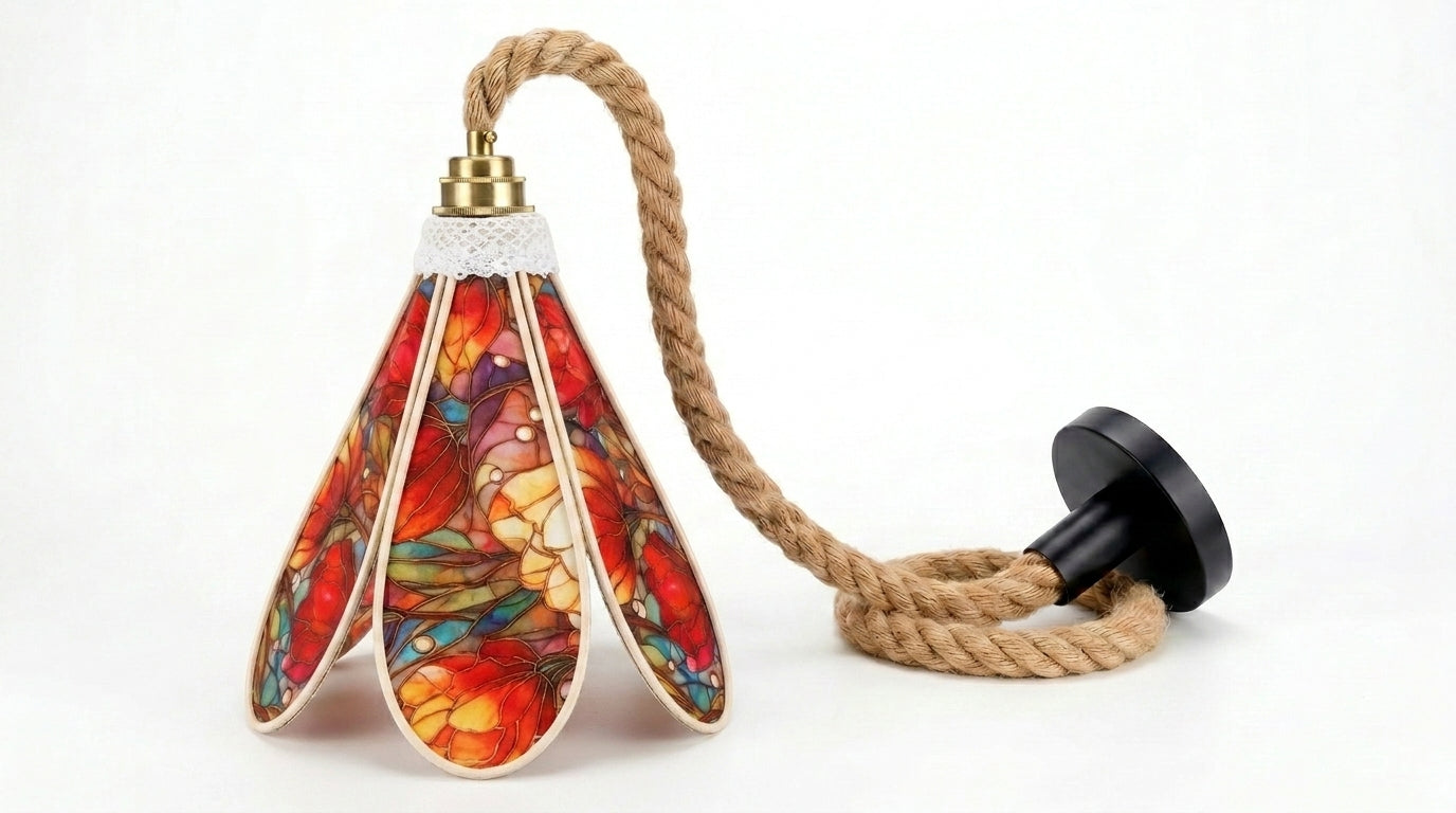 Lampe Tulipe Printemps Vitrail Bleue ou rouge- Lampe Artisanale Bohème Florale