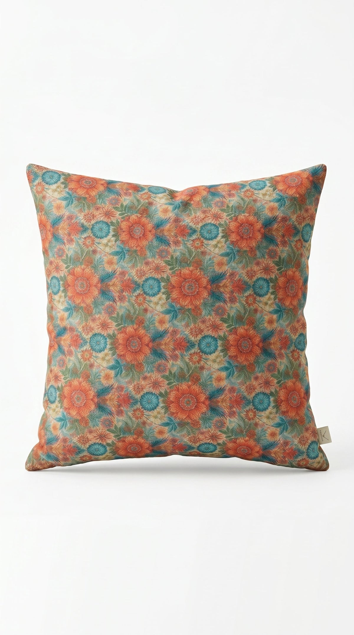Housse de coussin Douceur Fleurie, motif floral orangé et bleu turquoise, vue de face